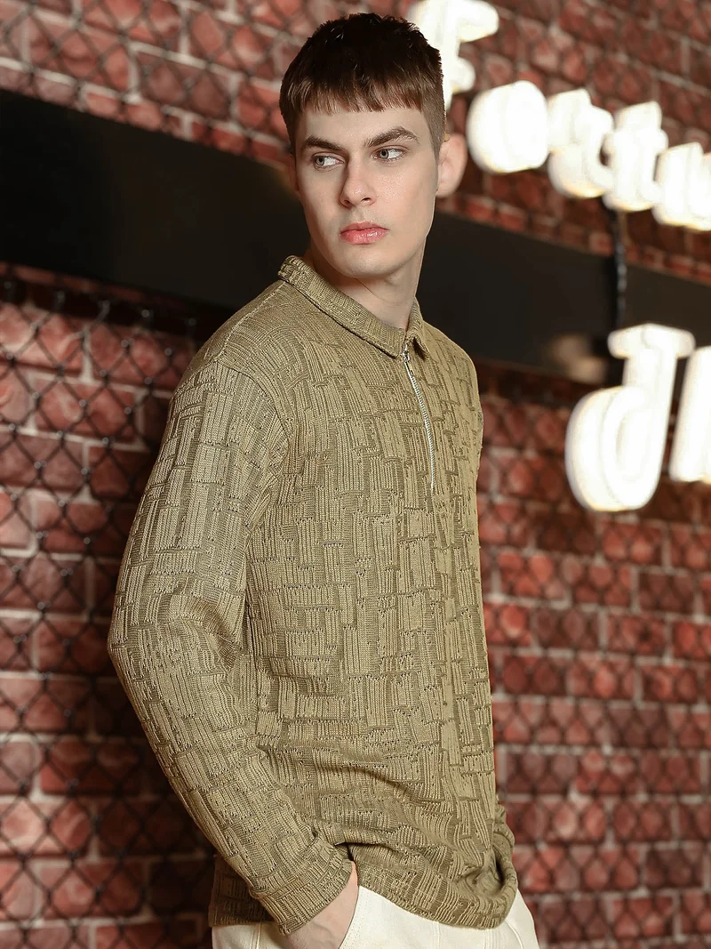 Maniac  Maniac Mens textured full sleeve half zipper oversized dusty green cotton polo t-shirt for Men | Best Price UAE
